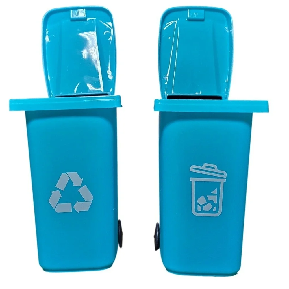 Set of 2 teal blue Mini Trash Can Recycling Bin plastic pencil holder wheels 5.5